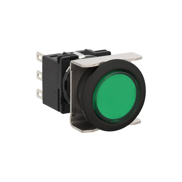 Idec LB6B-M1T1VLG LB 16mm Pushbuttons SPDT LG, Sleek flush mount design,  Standard bezel with 16mm hole size also available,  Bright LED illumination,  27.9mm depth behind the panel,  3PDT contact block available,  5A contact ratings,  IP65 degree of protection,  Metallic 