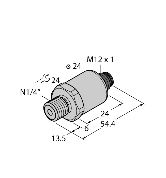 Turck PT20PSIG-1003-I2-H1141 Turck PT20PSIG-1003-I2-H1141 is a sensor designed for pressure measurement within a range of 0 to +20psig. It operates effectively in ambient air temperatures ranging from -30°C to +85°C and can handle fluid medium temperatures from -40°C to +125°C. This model is part of the PT1000 series and is ATEX compliant, ensuring suitability for use in potentially explosive atmospheres. It features a pre-equipped 4-pin M12 Eurofast QD male connector and a 1/4" NPT threaded male process port for easy installation. The sensor is powered by a supply voltage of 7-33vdc, with 12Vdc and 24Vdc as nominal values. Its cylindrical body is constructed from 1.4404 (316L) stainless steel housing, with 316 stainless steel wetted parts, an Al2O3 ceramics pressure transducer, and a stainless steel 1.4404 / 316L pressure connection, ensuring durability and resistance to harsh conditions. The sensor provides an analog output of 4-20mA and has a degree of protection rated at IP67, making it resistant to dust and water ingress. The current consumption of the device is 23mA.