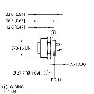 Turck RKF 40-PCB Actuator and Sensor Receptacle, Front Mount, Female 7/8″ minifast Receptacle, 4 pin, Mounting thread: PG 11, PCB pins