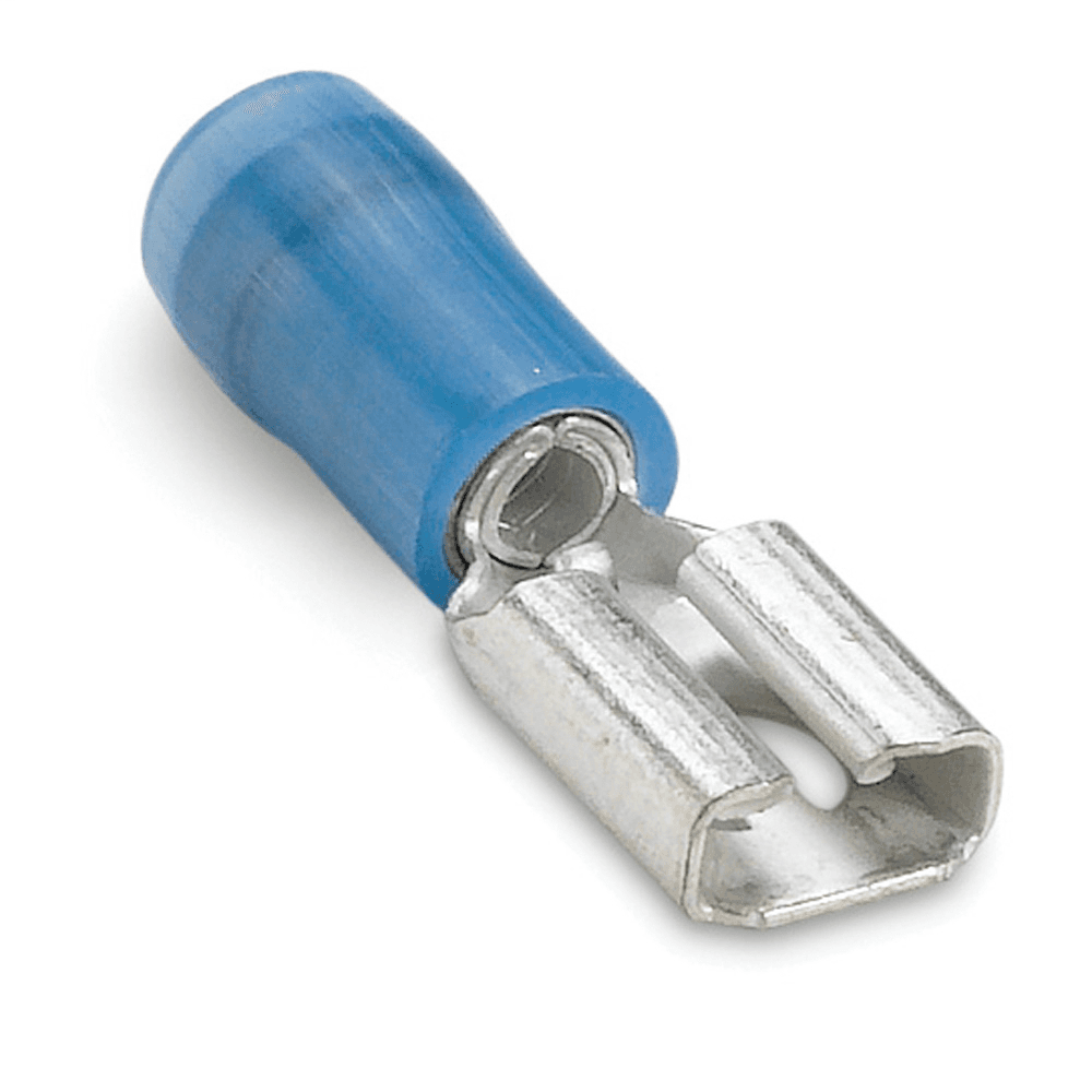 ABB Control RB14-250F RB14-250F ABB Control - Nylon Insulated Female Disconnect, Length .91 Inches, Width .29 Inches, Maximum Insulation .162, Tab Size .250x.032, Wire Range #16-#14, Color Blue, Copper, Tin Plated, 100 Pack