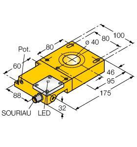 Turck NI40R-S32SR-AP44X-S1131 Inductive Sensor, Ring Sensor, , Rectangular, height 32 mm, Plastic, ABS, Static output behavior, Sensitivity adjusted via potentiometer, Modular design, ring probe and switching amplifier also separately mountable, Output pulse length min. 100 ms, DC 3-wire, 10…55 VDC, NO contact, PNP output, Connector, SOURIAU