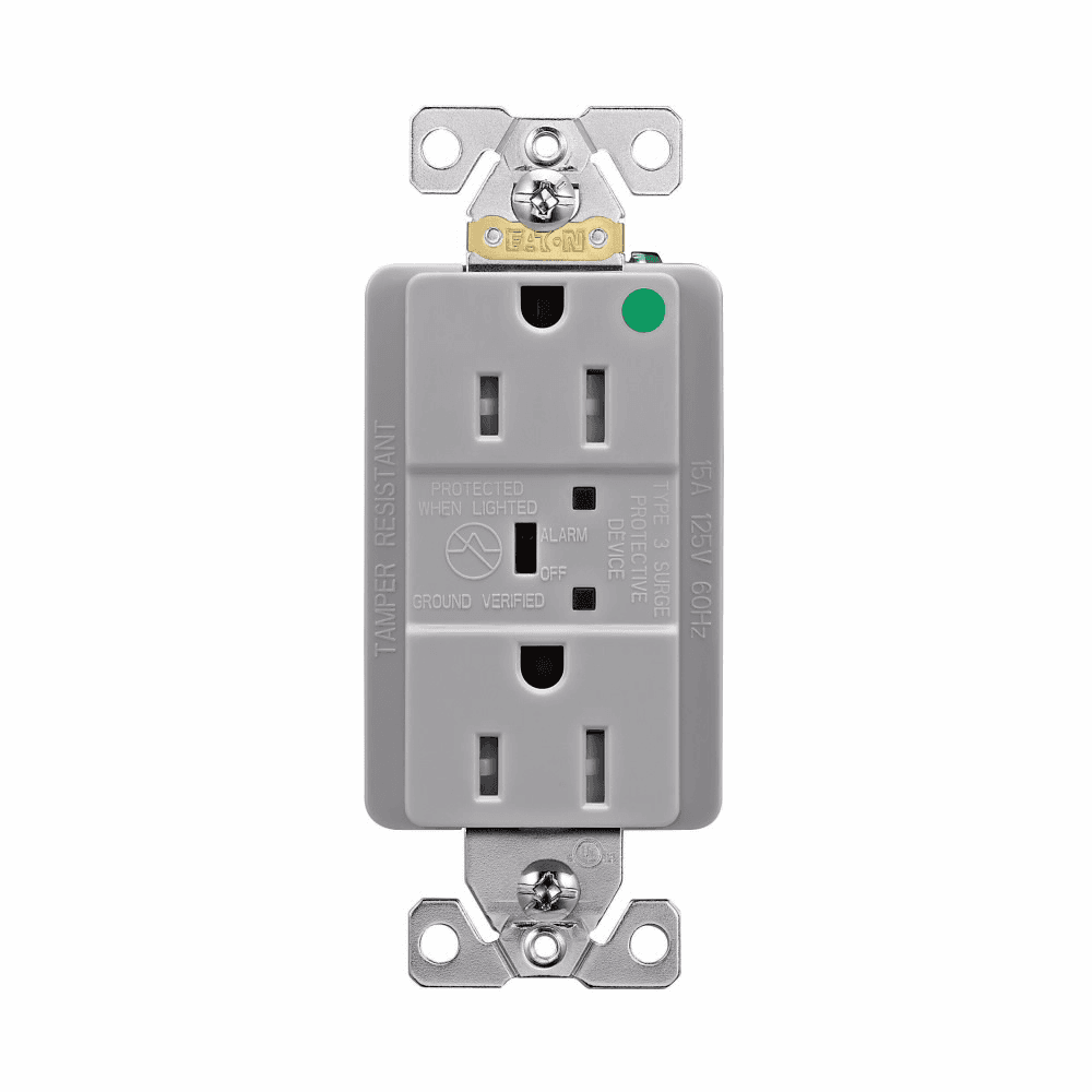 Eaton TR8262GYS TR8262GYS Eaton - Eaton TVSS receptacle, HG, LED indicat and alarm, #14 - #10 AWG, 15A, Comm specif, Wall/flush mnt, Bk and sd wire, 840J, 2 recept, -40° to 60°C, Gray, Brs, Strght blade, Hi-impct resist thermpls/nylon, 5-15R, Dplx 756443 756443