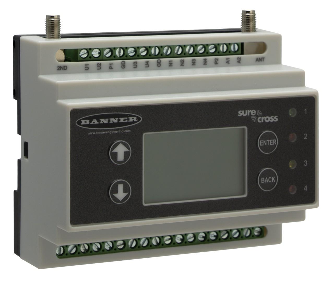 Banner DXM100-B2R1 Banner Engineering DXM100-B2R1 is a remote I/O controller designed for DIN rail mounting with a polycarbonate housing. It operates within an ambient air temperature range of -20 to +60°C and offers a degree of protection rated at IP20. This controller features 2 analog outputs (0-10Vdc), 4 digital outputs (12Vdc-30Vdc; NMOS; 1A), and 4 digital inputs (12-30Vdc; Sink/Source/Counter) which can also function as 4 analog inputs (4-20mA / 0-10Vdc / 10kΩ thermistor). It has dimensions of H61.1mm x W105.3mm x D94.7mm. The DXM100-B2R1 utilizes a 900 MHz transmission frequency with a maximum transmission distance of 9.6km. It incorporates SDI-12 data collection, a 100MHz processing speed for smart valve control, and FHSS (Frequency Hopping Spread Spectrum) technology with a SAM4 processor. Connection types include an RJ45 connector for Ethernet and an RP-SMA connector. The supply voltage requirement is 12-30Vdc (12Vdc-24Vdc nom.). It supports RS-485 Modbus RTU, Modbus TCP, and Ethernet/IP communication protocols. Memory capacity includes 2MB of on-board memory and an 8GB SD card. The frequency band is the 900MHz ISM with a 1W radio (PE5 performance radio; North America).