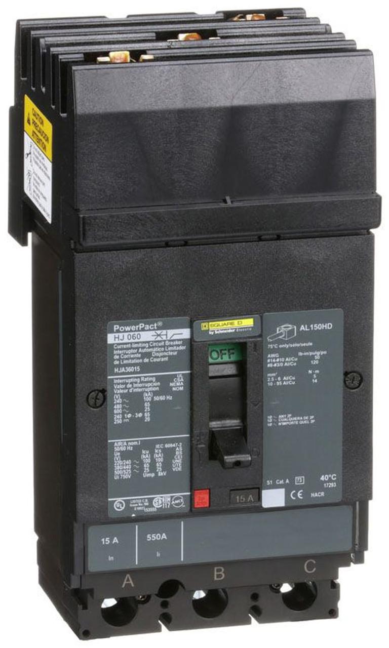 Schneider Electric HJA36015 Square D by Schneider Electric HJA36015 is a Moulded Case Circuit Breaker (MCCB) within the PowerPacT HJA sub-range, featuring a PowerPact H-Frame 150 TMD 3P 15A 600Vac/250Vdc 25kA I-line design. It offers a 3-pole (3P) configuration with I-line connection for ABC phases. This MCCB provides thermal protection for overload scenarios and magnetic protection for short-circuit conditions. It has a rated current of 15A, with a rated insulation voltage (Ui) of 750 V and rated voltages of 600Vac 600Y/347Vac and 250Vdc. The device mounts on I-line with line side isolated plug-on jaws plus a mechanical I-Line bracket mechanism, ensuring a robust attachment. It has a net height of 163 mm, a width of 104 mm, and a depth of 86 mm. The degree of protection is IP40, with a toggle (manual) operating mode. Protection settings include over-current fixed at 15A, short-circuit hold current fixed at 350A, and short-circuit trip current fixed at 750A. The rated operating voltage (Ue) is 690 V, with a rated impulse voltage (Uimp) of 8 kV. The trip current rating is 15 AT, with a frame current rating of 150 AF. Its short circuit breaking rating includes 100kA at 240Vac, 65kA at 480Vac and 480Y/277Vac, 25kA at 600Vac and 600Y/347Vac, and 20kA at 250Vdc, all according to UL489 standards. The trip unit type is thermal-magnetic (fixed) without a display, and it falls under utilisation category A.