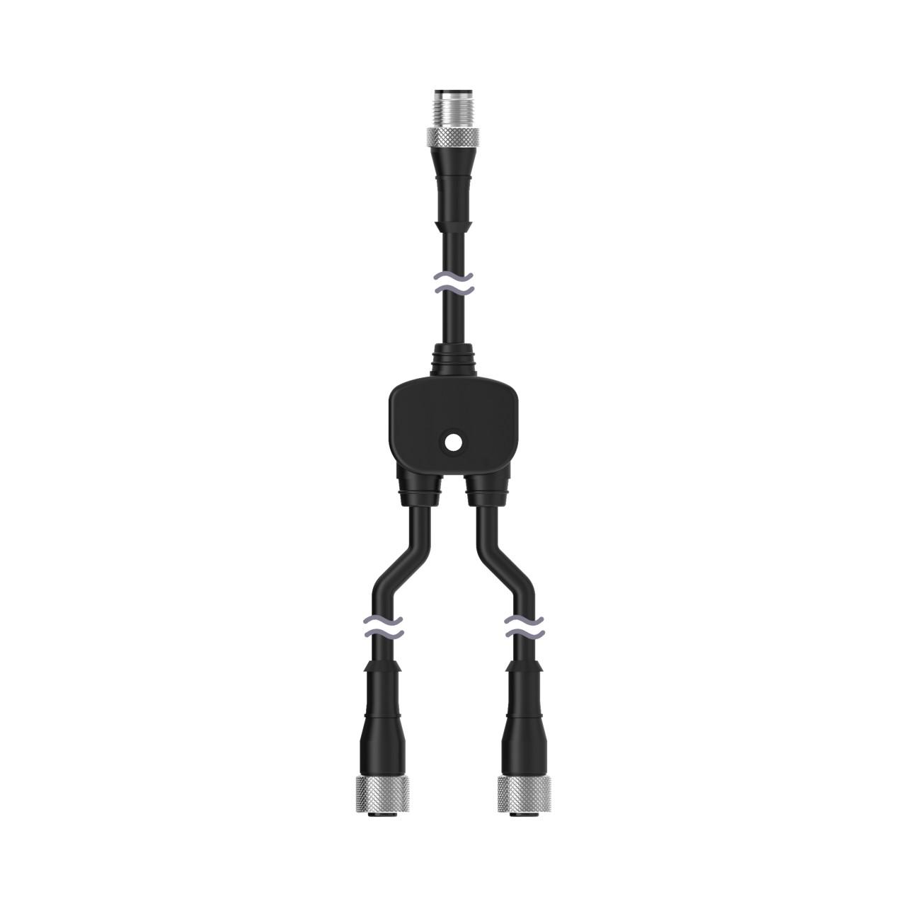 Banner CSA-M1241M1241 Banner Engineering CSA-M1241M1241 is a Y-shaped splitter cable designed for industrial applications, featuring a PVC cable material that ensures durability. It operates within an ambient air temperature range of -40 to +105°C and offers a degree of protection rated at IP67, making it suitable for challenging environments. This splitter is equipped with a 4-pin Euro-style M12 male connector on a 1ft / 30cm trunk and two 4-pin Euro-style M12 female connectors on 1ft / 30cm branches 1 & 2, facilitating versatile connectivity options. The rated voltage for AC operation is 250Vac. The cable has a diameter of 6mm and comes with a black housing.