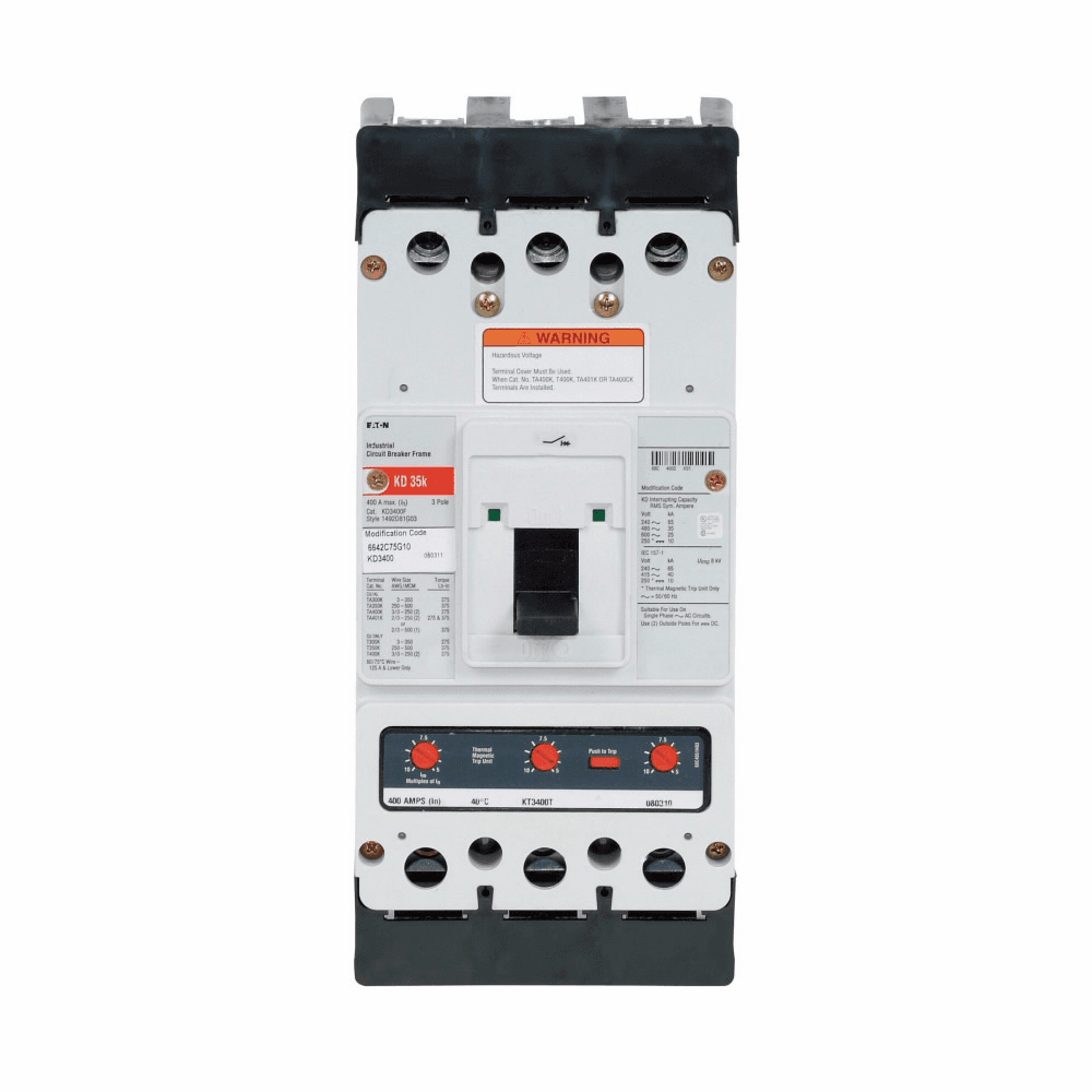 Eaton KDB3400FT39B21ZGW KDB3400FT39B21ZGW Eaton - Eaton Series C electronic molded case circuit breaker, K-frame, KDB, Electronic ALSIG w/ maint. mode trip, Three-pole, 400A, 600 Vac, 250 Vdc, no term., Ground fault alarm w/ right-hand trip, Zone selective interlock, 50/60 Hz