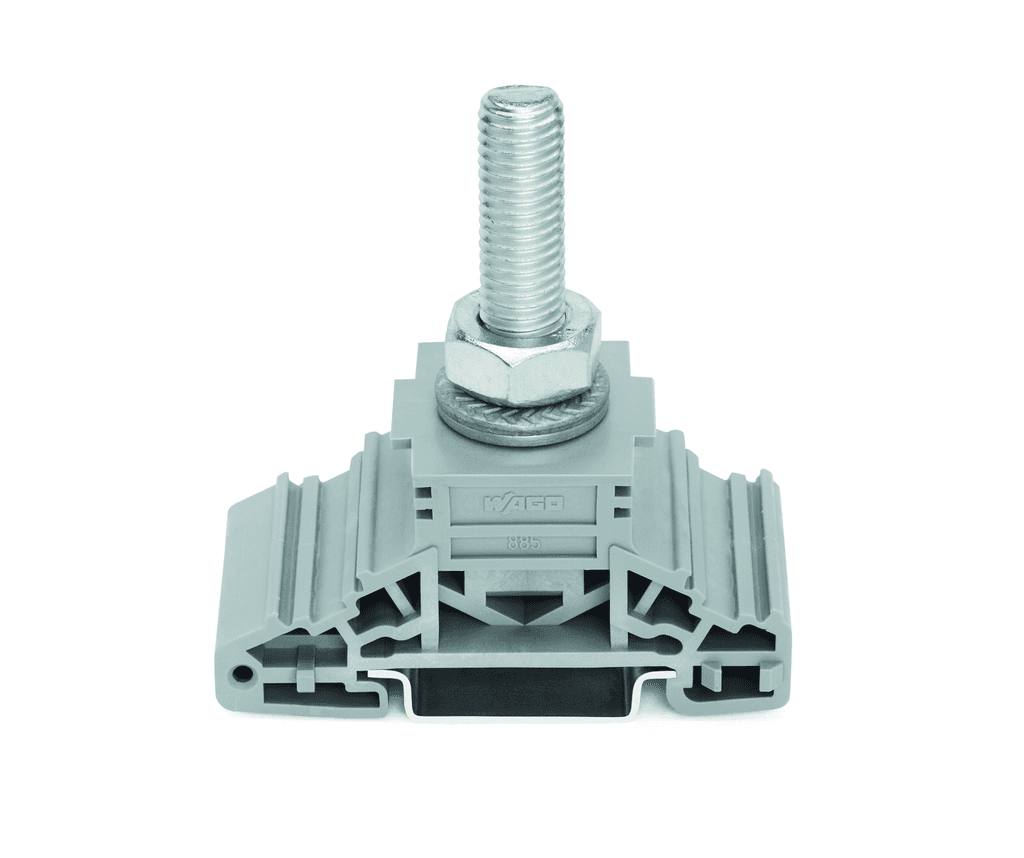 WAGO 885-110 Wago 885-110 is a terminal designed for stud feed-through/thru terminal block applications, featuring a connection type of 1 x M10 stud bolt for mechanical lugs/bars. It has a rated current of 269A according to IEC standards and is designed as a 1-deck/level with lateral marking slots. The terminal's net height is rated at 8 kV for impulse voltage (Uimp), with dimensions of H67mm x W33.8mm x D66.7mm. It supports a net width for 1 feed-through pole (1P) and is mountable on a DIN-35 rail (35 x 15 / 35 x 7.5). The terminal is colored gray, constructed from Polyamide (PA) 66, and is designed to accommodate a cross-section with 1-wire (1 stud) connection. It is rated for a control voltage (AC) and has a power consumption specification, with a diameter compliant with an IEC rating of 1000 V.