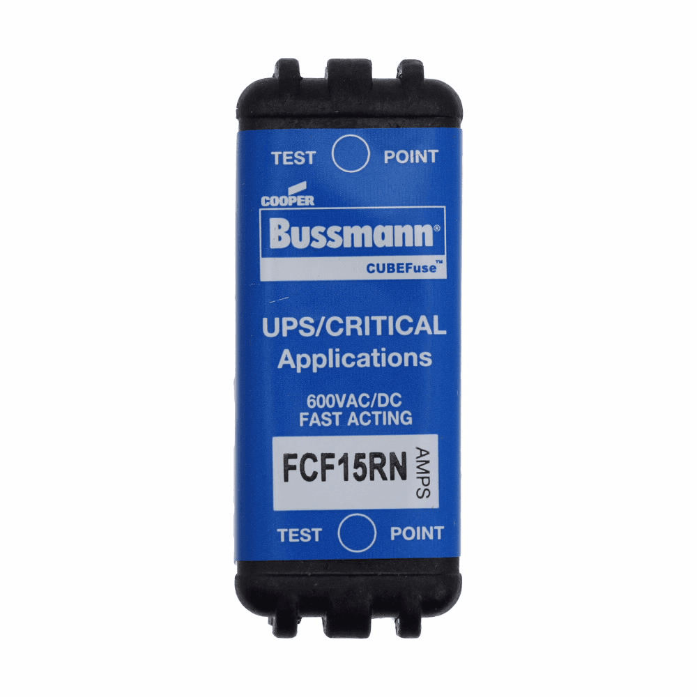 Cooper Bussmann FCF15RN FCF15RN Cooper Bussmann - Eaton Bussmann series FCF fuse CUBEFuse, power loss 3.48 w, Critical/UPS, 15 A, 60 Hz, 50 Hz, 1 , CF, Black, Electroless tin plated copper alloy terminal, Blade end, 4 min at 200%, 50 kAIC at 600 Vdc,300 kAIC at 600 V, Glass filled PES