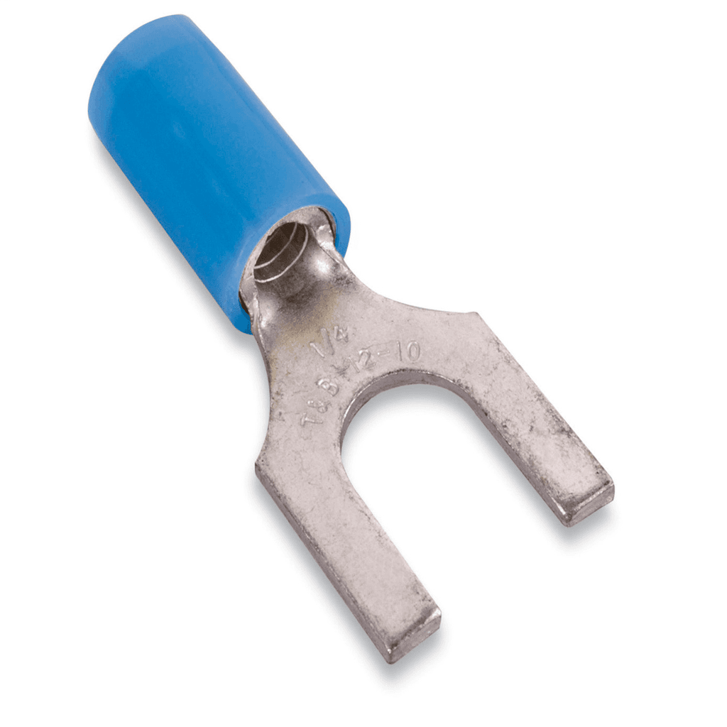 ABB Control RB1414F RB1414F ABB Control - Nylon Insulated Fork Terminal, Length .95 Inches, Width .44 Inches, Maximum Insulation .190, Bolt Hole 1/4 Inch, Wire Range #18-#14 AWG, Color Blue, Copper, Tin Plated, 100 Pack