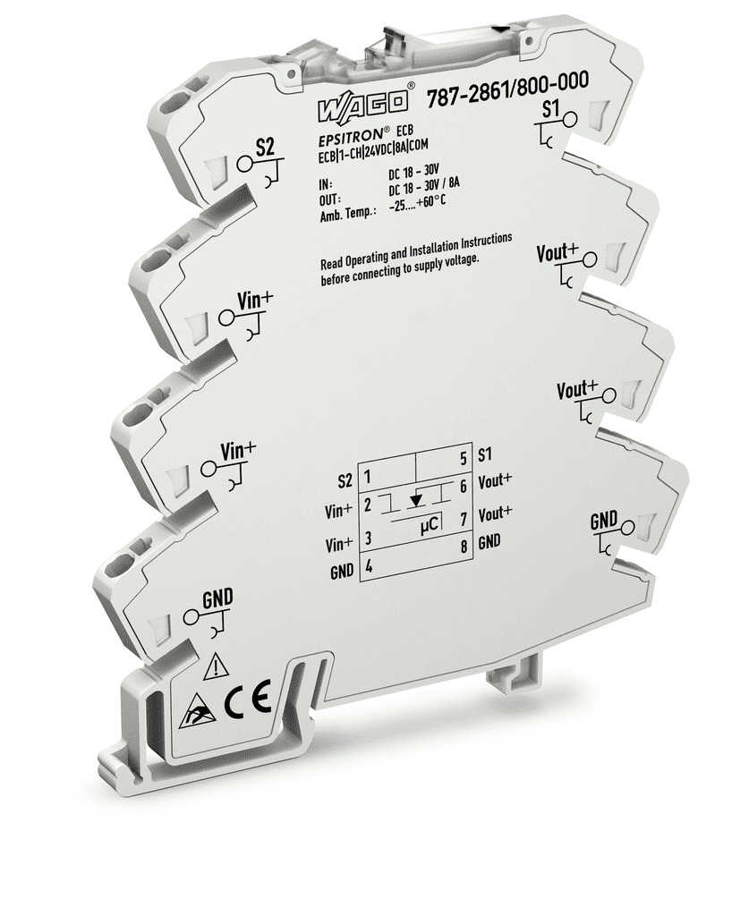 WAGO 787-2861/800-000 Wago 787-2861/800-000 is a 1-channel plug-in Electronic Circuit Breaker (ECB) designed for protection unit applications. It features remote input functionality with an 18-30Vdc signal that switches the channel ON/OFF and resets it. The supply voltage required for operation is 18-30Vdc, with a nominal voltage of 24Vdc. This part utilizes push-in CAGE-CLAMP spring connections for easy installation and has a rated current of 8A with a rated voltage of 24Vdc. It does not operate with an AC supply voltage. The ambient air temperature suitable for operation ranges from -25°C to +65°C, while the storage temperature range is from -40°C to +85°C. The degree of protection provided is IP20, and it includes a suppressor diode (33V) for transient suppression on the primary side. The control voltage (DC), rated insulation voltage (Ui), and the number of available modules are specified, with a response time and dimensions of H97.8mm x W6mm x D94mm. It is designed to be mounted on a DIN-35 rail and can operate within 10-95% relative humidity without condensation.