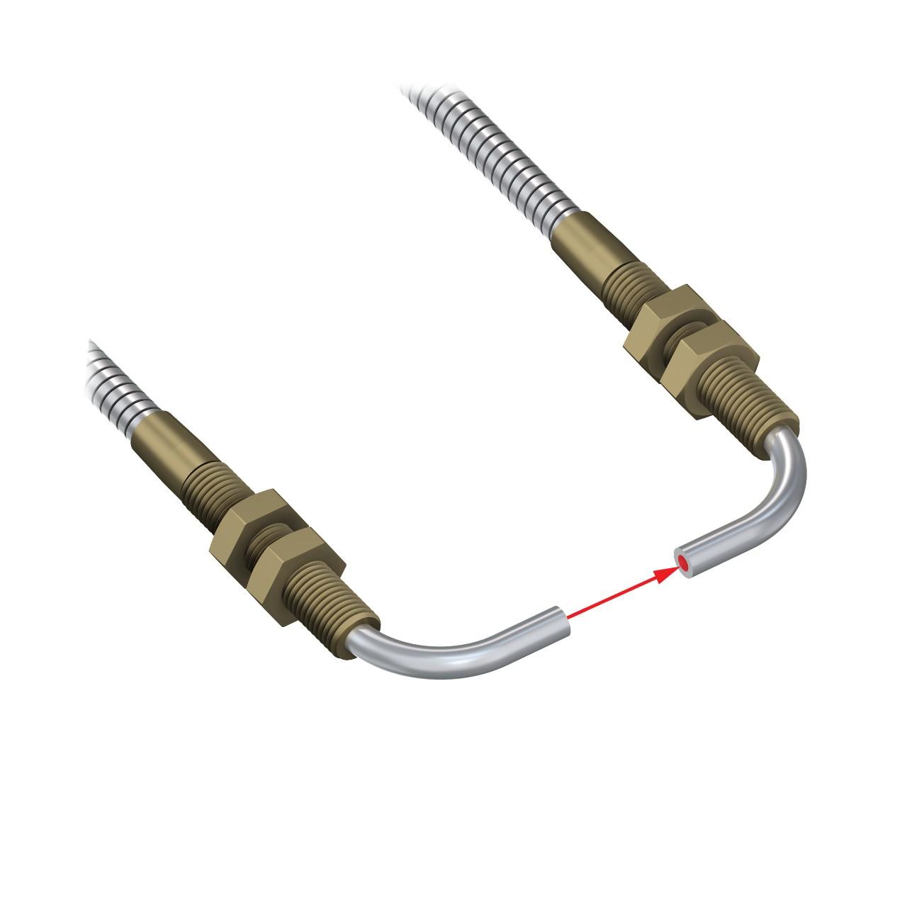 Banner ITA23S Banner Engineering ITA23S is a fiber sensor belonging to the Glass fiber series, designed for through-beam system applications with an opposed mode flexible fiber individual fiber side and right-angled sensing. This sensor features a cylindrical (threaded) end tip made of stainless steel, with the sensing part composed of glass fiber and a stainless flexible tubing fiber sheath for enhanced durability. The fiber core has a diameter of 3.2mm, and the total length of the sensor is 3ft or 910mm. It is capable of operating in ambient air temperatures up to +249°C.