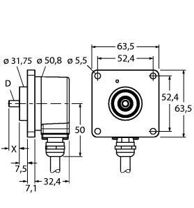 Turck RI-10SA1R-2K1200-6MIL/N35 Incremental Shaft Encoder, Industrial Line, Operating voltage 5…30 VDC, Resolution incremental 1200 ppr, Square flange, Ø 63.5 mm, Solid shaft, Ø 3/8” x 5/8”, Optical measuring principle, Shaft material, stainless steel, , Protection class IP67 on housing and shaft side, ‐40…+85 °C, Max. 6000 rpm (continuous operation 3000 rpm), 5…30 VDC, Male connector MIL, 6-pole, Push-pull 7272, with inverted signals, Pulse frequency max. 300 kHz, , 1200 pulses per revolution