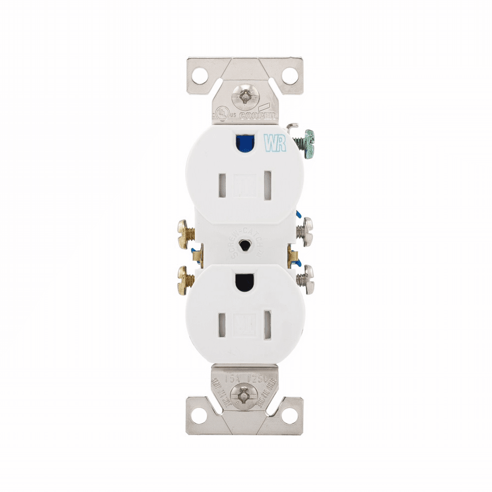 Eaton TWR270W TWR270W Eaton - Eaton residential grade duplex receptacle, #14-10 AWG, 15A, Commercial|Residential, Flush, 125V, Side and push, White, Brass, Weather resistant, Impact-resistant thermoplastic, 5-15R, Duplex, Screw, Thermoplastic, Core pack