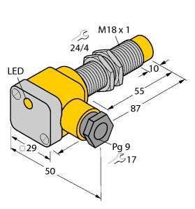 Turck NI10-G18SK-RZ3X2 55MM Inductive Sensor, Rated switching distance 10 mm, Non-flush, M18 × 1 threaded barrel, Chrome-plated brass, AC 2-wire, 20…250 VAC, DC 2-wire, 10…300 VDC, NC contact, Terminal chamber