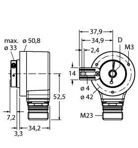 Turck RI-12H12T-2B1000-12M23 Incremental Hollow Shaft Encoder, Industrial Line, Operating voltage 10…30 VDC, Resolution incremental 1000 ppr, Incremental Hollow Shaft Encoder, Protection class IP67 on housing and shaft side, ‐40…+85 °C, Max. 6000 rpm (continuous operation 3000 rpm), 10…30 VDC, M23 male, 12-pin, Push-pull, with inverted signals, Pulse frequency max. 300 kHz, 1000 pulses per revolution