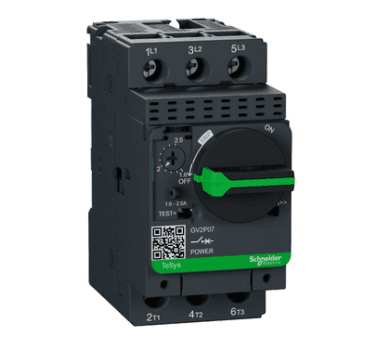 Schneider Electric GV2P07 Schneider Electric GV2P07 is a Thermal-Magnetic Motor Protection Circuit Breaker (MPCB) and Manual Motor Starter designed for motor protection. It is part of the GV2P sub-range and features three poles with protection functions including short-circuit and thermal protection (overload). This MPCB supports a rated current range of 1.6 - 2.5 A and has a rated insulation voltage (Ui) of 690 V. It is designed for DIN rail mounting and has a net width of 45 mm. The operating mode is facilitated by a rotary knob, with protection settings for short-circuit pickup current fixed at 33.5A. The rated impulse voltage (Uimp) is 6 kV, and it offers rated active power of 0.75 kW at 400/415Vac, 1.1 kW at 500Vac, and 1.5 kW at 690Vac. The trip current rating is 2.5 AT with a frame current rating of 32 AF. It boasts mechanical durability of 100,000 operations at no load and electrical durability of 100,000 operations at 415Vac; AC-3 with load. Connection is made via screw-clamp terminals, and it operates at a rated voltage (AC) phase-to-phase of 690 V. All three poles are protected, with a minimum current of 1.6 A and a maximum current of 2.5 A. The trip unit type is thermal-magnetic, and it is categorized under utilisation category A AC-3.