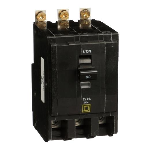 Schneider Electric QOB390VH Square D by Schneider Electric QOB390VH is a Miniature Circuit Breaker (MCB) designed for bolt-on mounting. It features a rated current of 90A and a bolt-on connection type, ensuring secure installation. This MCB operates at a rated voltage of 120V to 240V AC and accommodates a wire cross-section of 4-2/0AWG for 1 cable Al/Cu. It is a 3 Pole circuit breaker, equipped with box lugs terminals for reliable wire connections. The QOB390VH has a short circuit breaking rating of 22kA at 240Vac, indicating its capability to interrupt fault currents up to 22,000 amps.