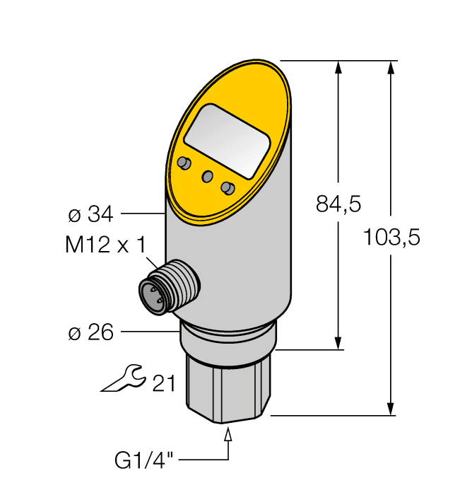 Turck PS040V-301-2UPN8X-H1141 Turck PS040V-301-2UPN8X-H1141 is a sensor designed for pressure measurement with a programmable compound pressure sensor feature. It operates within a set point range of 1-100% and a reset point range of 0.5-99.5%. The sensor measures pressure in units of bar, psi, kPa, MPa, and misc, and can function in ambient air temperatures ranging from -40°C to +80°C. It has a 34mm diameter and is equipped with a 4-pin M12 Eurofast QD male connector and a G1/4" (1/4" BSPP) threaded female process port. Part of the PS300 series, it offers an IP69K degree of protection and requires a supply voltage of 18-30Vdc (24Vdc nom.). The sensor's cylindrical body is made from 1.4305 (303) stainless steel, including the housing, wetted parts, and pressure connection, with a ceramics Al2O3 pressure transducer. It supports pressures ranging from -1 to +40bar (-14.5 to +580psi) and fluid medium temperatures from -40°C to +85°C. The operating mode is programmable as NO (Normally Open) or NC (Normally Closed), with protection functions against short-circuit (pulsed) and reverse polarity. It features a maximum switching frequency of 180Hz, a response time between 50 - 600ms (0.05 - 0.6 s), and an analog output (0-10Vdc; can be used as a NPN/PNP digital output). Measurement accuracy includes set point accuracy of +/-0.5% FS, analog accuracy of ≤+/-0.5% FS, with repeatability ≤0.5% of the measuring range, and zero shift/span shift ≤0.15% of the measuring range per °C. The control circuit is rated at 200mA (0.2 A) with a current consumption of 50mA, and it features time delays for ON-delay and OFF-delay settings of 0-50.