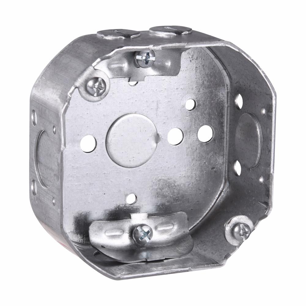 Eaton TP300 Eaton Crouse-Hinds series Octagon Outlet Box, (1) 1/2", 4", 4, NM clamps, 1-1/2", Steel, (2) 1/2", Side nail holes, fixture rated, 15.5 cubic inch capacity