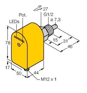 Turck FCS-G1/2A4P-AP8X-H1141 Flow Monitoring, Immersion Sensor with Integrated Processor, Immersion sensor, Sensor for liquid media, Calorimetric principle, Adjustment via potentiometer, Status indicated via LED chain, DC 3-wire, 19.2…28.8 VDC, NO contact, PNP output, Connector device, M12 × 1