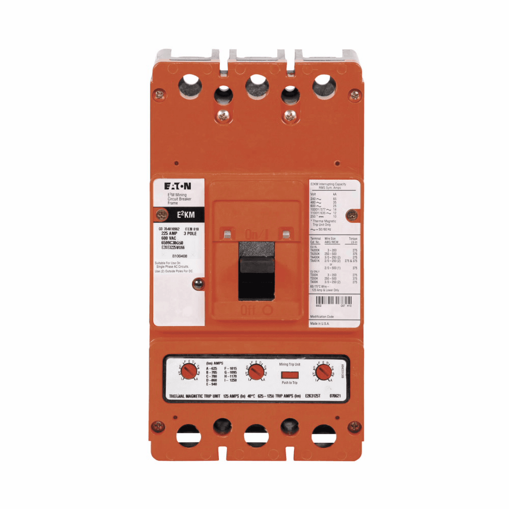 Eaton E2KE3225B20W E2KE3225B20W Eaton - Eaton E2 mining electronic molded case circuit breaker, K-frame, E2KE, Electronic LSI trip, 200-1500A, Three-pole, 225A, 600 Vac, 250 Vdc, 65 kAIC at 240 Vac, 35 kAIC at 480 Vac, 25 kAIC at 600 Vac, 10 kAIC at 250 Vdc, No term., Mining