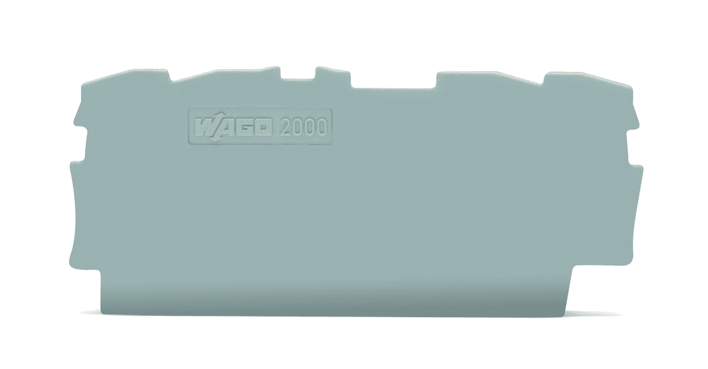 WAGO 2000-1491 Wago 2000-1491 is an end and intermediate plate designed for use with the TOPJOB S series. It features a rated impulse voltage (Uimp) of 0.7 mm and is constructed from Polyamide (PA) 66. The dimensions of this part are H67.9mm x W0.7mm x D33mm. Its color is gray, indicating its function and placement within the system for easy identification.