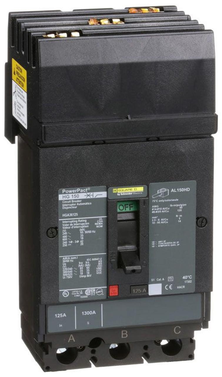 Schneider Electric HGA36125 Square D by Schneider Electric HGA36125 is a Moulded Case Circuit Breaker (MCCB) within the PowerPacT HGA sub-range, featuring a PowerPact H-Frame 150 TMD design. It is a 3-pole (3P) device with a rated current of 125A and offers thermal protection for overload and magnetic protection for short-circuits. This MCCB has an I-line connection for ABC phases, with a rated insulation voltage (Ui) of 750 V and rated voltages of 600Vac/600Y/347Vac and 500Vdc. It is designed for mounting on I-line with line side isolated plug-on jaws and a mechanical I-Line bracket mechanism. The net dimensions are 163 mm in height, 104 mm in width, and 86 mm in depth, with a degree of protection of IP40. The operating mode is manual toggle, and it has fixed protection settings for over-current at 125A, short-circuit hold current at 900A, and short-circuit trip current at 1700A. The rated operating voltage (Ue) is 690 V, with a rated impulse voltage (Uimp) of 8 kV. The trip current rating is 125 AT, with a frame current rating of 150 AF. Its short circuit breaking ratings vary across voltages, including 65kA at 240Vac, 35kA at 480Vac and 480Y/277Vac, 18kA at 600Vac and 600Y/347Vac, and 20kA at 250Vdc and 500Vdc, all under UL489. The trip unit type is thermal-magnetic (fixed) without a display, and it falls under utilisation category A.