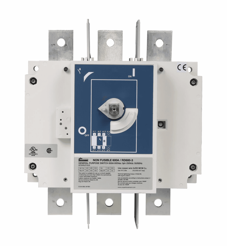 Cooper Bussmann RD600-4 RD600-4 Cooper Bussmann - Eaton Bussmann series RD non-fused rotary disconnect switch, Standard switch, Front handle operation, 600 Vac, 250 Vdc, 600A, Non-fused disconnect switch - RD600-4