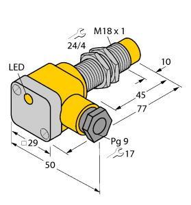 Turck NI10-G18SK-VP4X Inductive Sensor, Rated switching distance 10 mm, Non-flush, M18 × 1 threaded barrel, Chrome-plated brass, DC 4-wire, 10…65 VDC, Changeover contact, PNP output, Terminal chamber