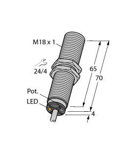 Turck BC5-M18-RZ3X Capacitive Sensor, Rated switching distance 5 mm, Cable length (L) 2 m, Flush, M18 × 1 threaded barrel, Chrome-plated brass, Fine adjustment via potentiometer, AC 2-wire, 20…250 VAC, NC contact, Cable connection