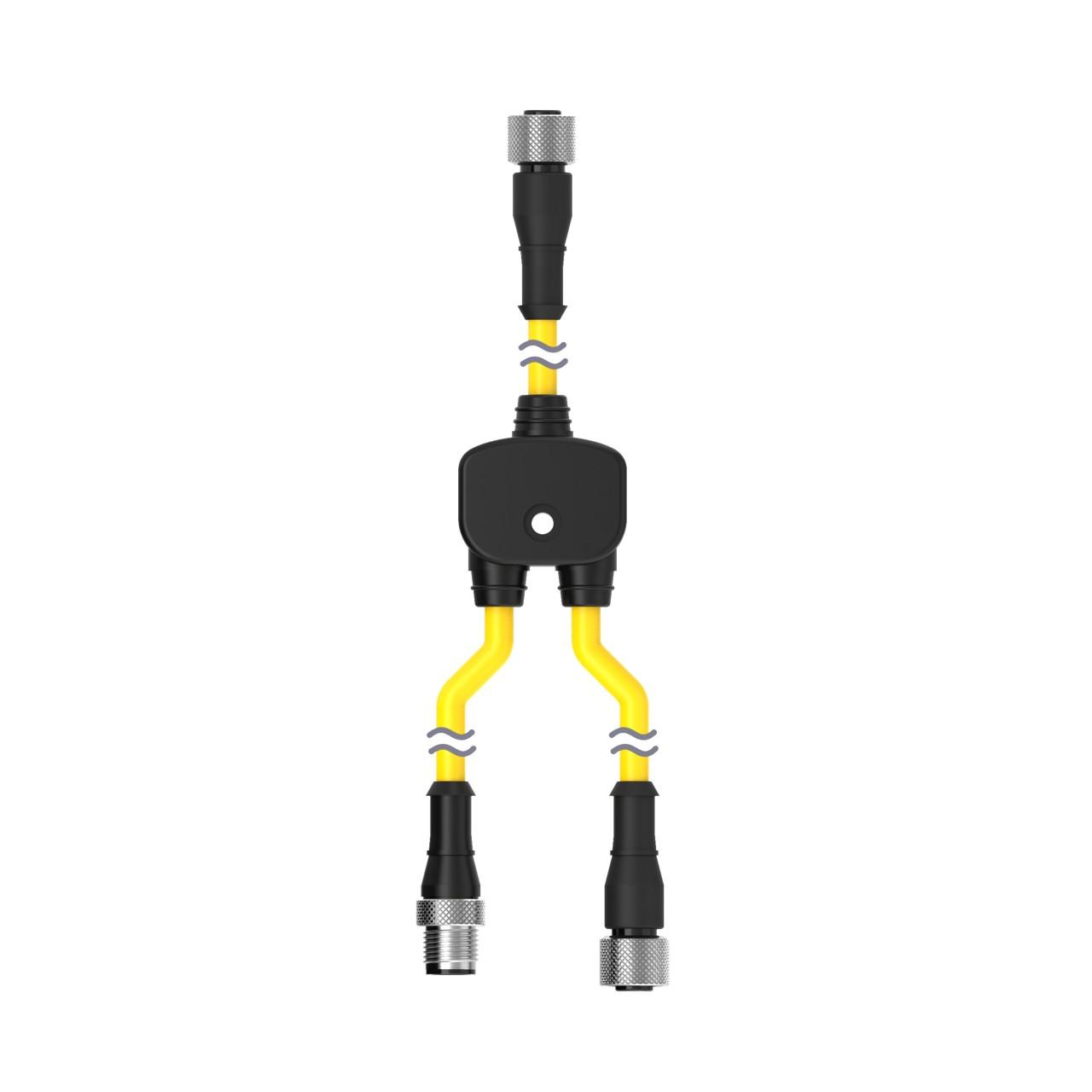 Banner CSS-M12F81M12M81M12F81 Banner Engineering CSS-M12F81M12M81M12F81 is a Y-shaped splitter cable designed for various automation applications. It features a PVC cable with a diameter of 6.1mm and a yellow housing. This splitter operates within an ambient air temperature range of -40 to +105°C and offers a degree of protection rated at IP68, making it suitable for demanding environments. It is equipped with an 8-pin Euro-style M12 female quick disconnect (QD) connector on a 1ft / 30cm trunk, an 8-pin Euro-style M12 male QD connector on a 1ft / 30cm branch 1, and an 8-pin Euro-style M12 female QD connector on a 1ft / 30cm branch 2. The rated voltage for AC applications is 60Vac, while for DC applications, it is 75Vdc.