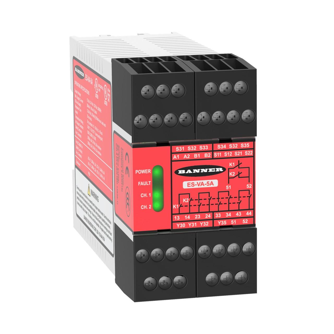 Banner ES-VA-5A Banner Engineering ES-VA-5A is a safety relay designed for DIN rail mounting, featuring a net width of 45 mm and a net depth of 118 mm, with a height of 84 mm. It operates within an ambient air temperature of up to +50°C and offers a degree of protection rated at IP20. This safety relay module is equipped with 4 safety outputs (4NO / 4xSPST-NO, each consisting of 2 N.O. contacts in series; 6A), 1 auxiliary output (1NC / SPST-NC, made of 2 N.C. contacts in parallel; 5A), and 2 digital outputs (PNP transistor). It supports screw connections for secure installation and is compatible with supply voltages of 11Vdc-27.6Vdc (12Vdc / 24Vdc nominal) and 230Vac.