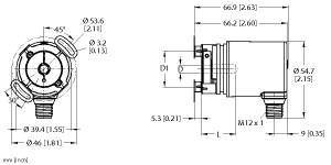 Turck REM-191B8E-IOL32B-H1141 Absolute Rotary Encoder - Multiturn, IO-Link, Industrial Line, Flange with slotted flex mount, Ø 46 mm, Hollow shaft, Ø 8mm, Optical measuring principle, Shaft material, stainless steel, , IP67 rated on the shaft side, ‐40…+85 °C, Max. 4000 rev/min, , 18….30 VDC, M12 x 1 male connection, 4-pin, Singleturn resolution 14 bit scalable, default 14 bit, Multiturn resolution scalable only to 18 bits over total resolution, default 18 bits, Total resolution 32 bit scalable, default 32 bit