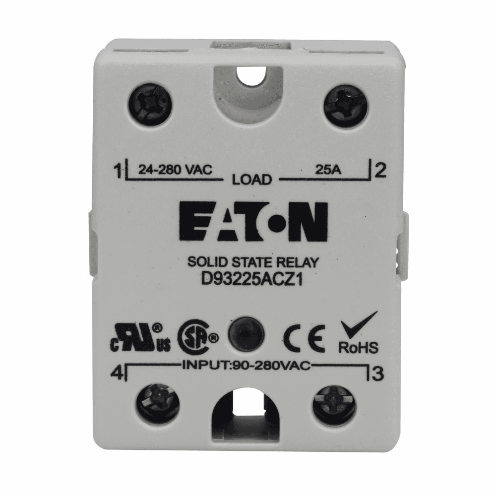 Eaton D93250ACZ2 D93250ACZ2 Eaton - D93 Series Solid-State Relay, 3-32 Vdc input voltage, 24-280V output voltage, Zero cross switching type, 50A rated operational current, Green LED, SPST-NO contact configuration, IP20 enclosure