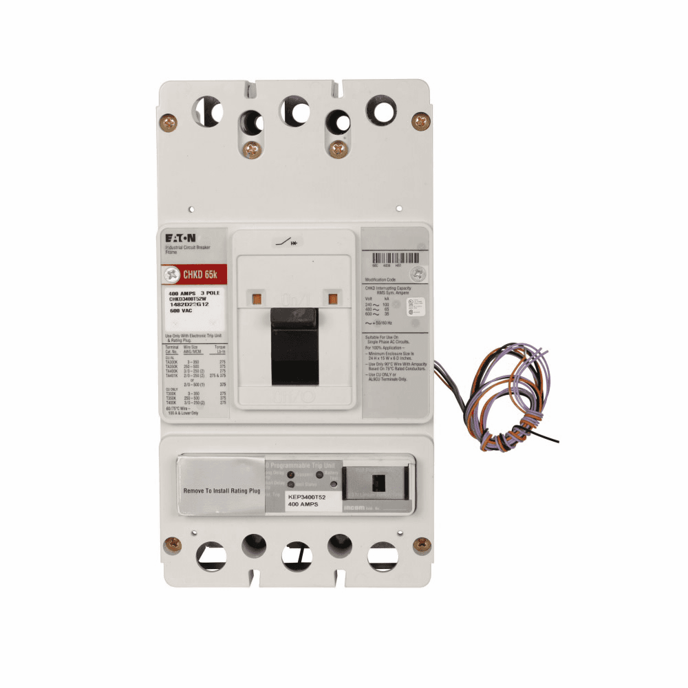 Eaton CHKD3125T52WZG CHKD3125T52WZG Eaton - Eaton Series C electronic molded case circuit breaker, K-frame, CHKD, Complete breaker, Electronic LSI trip, Three-pole, 125A, 600 Vac, 250 Vdc, 65 kAIC at 480 Vac, no terminals, Zone selective interlock, 50/60 Hz, 100% rated