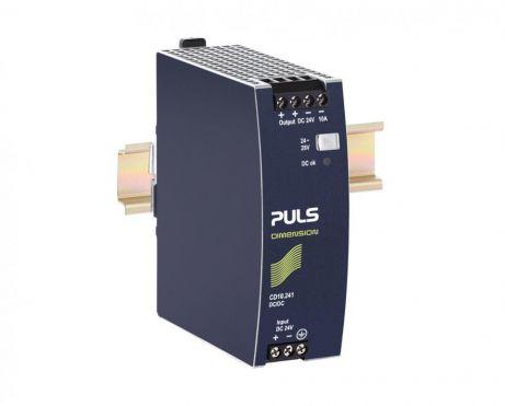 Puls CD10.241 PULS CD10.241 is a power supply unit designed for DIN rail mounting, featuring an aluminium housing with dimensions of W42mm x H124mm x D117mm. It operates within an ambient air temperature range of -25 to +70°C and supports a supply voltage range of 18Vdc to 35Vdc, with a nominal 24Vdc. The unit provides an adjustable output voltage of 23-28Vdc, including a 250mV turn-ON overshoot, and offers a rated current of 12A at 24Vdc in temperatures up to 45°C, 10A up to 60°C, and 7.5A up to 70°C, with a power derating from 6W at 60°C to 70°C. It features a 200ms start-up delay and a 200ms rise time under nominal input with a constant full current load and 0mF load capacitance. The CD10.241 has an efficiency of 0.942 at 24Vdc 10A input and 0.937 at 24Vdc 12A input. It includes protection functions such as output overvoltage protection, short-circuit protection, back-feeding load protection, and reverse polarity protection. The unit's power dissipation/losses are 14.7W at a 24Vdc input with a 24V output load at 10A, and 6.8W at 5A. It has an output stage capacitance of 4300µF and an electrical durability ranging from 56000 hours to 844000 hours, depending on the operating conditions. The CD10.241 also features a ripple of 50mVpp (20Hz to 20MHz; 50Ω) and includes screw-clamp connections for installation.