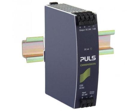 Puls CD5.241-L1 PULS CD5.241-L1 is a power supply unit designed for DIN rail mounting, featuring an aluminium housing. It operates within an ambient air temperature range of -25 to +70°C and has a net width of 32 mm. This unit consumes 4.25A current at a 24Vdc input to deliver a full 24Vdc output, with a peak inrush current of 1.6A. It boasts an efficiency of 0.905 at 24Vdc 3.8A input. The dimensions are W32mm x H124mm x D102mm. It includes a 650ms start-up delay and an 80ms rise time under nominal input with a constant full current load. The CD5.241-L1 offers protection against output overvoltage, short circuits, and allows for series or parallel operation for increased output power or 1+1 redundancy. It is capable of handling back-feeding loads up to 30V without malfunctioning, whether the power supply is on or off. The unit features reverse polarity protection, with power dissipation losses of 9.7W under a 24Vdc input and 24V output load at 3.8A. The output stage capacitance is 2200 µF. Its electrical durability ranges from 134,000 to 378,000 hours depending on the operating conditions. The ripple is maintained at 50mVpp across a 20Hz to 20MHz range. This PSU/DC/DC-Converter includes a 20% power reserve, is designed with NEC Class 2 and ATEX approval for galvanic isolation, and utilizes spring-clamp connections for connectivity. It supports a supply voltage range of 14.4Vdc to 32.4Vdc, with a 36Vdc absolute maximum continuous input voltage. The rated current is 3.8A at 24Vdc, with a rated power of 144W in ambient temperatures less than 45°C and 120W in temperatures less than 60°C. The output voltage is a fixed 24Vdc with a 500mV turn-ON overshoot, and it has a 6ms hold time at 24Vdc input.