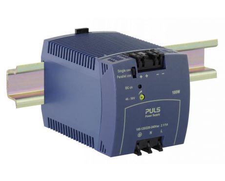 Puls ML100.105 PULS ML100.105 is a power supply unit (PSU) / converter designed for AC/DC applications with DIN rail mounting. It operates within an ambient air temperature range of -10 to +70°C and offers a rated current of 2.1A at 48Vdc, with a power derating from 2.5W at +60°C to +70°C. The unit features spring-clamp connections for secure and reliable connectivity. It supports a wide range of supply voltages, including AC inputs from 85Vac to 132Vac and 184Vac to 264Vac across various nominal values (100Vac, 110Vac, 120Vac, 200Vac, 208Vac, 220Vac, 230Vac, 240Vac) with auto-selection and a frequency range of 47-63Hz, as well as DC inputs from 213Vdc to 377Vdc (220Vdc, 250Vdc nominal). The ML100.105 measures 73mm in width, 75mm in height, and 103mm in depth, and is housed in a PC / ABS blend for durability. It is compatible with single-phase (1AC) or DC networks, has a net width of 73 mm, and provides a rated power of 100W. The output voltage is adjustable between 48Vdc and 56Vdc, achieving an efficiency of 0.91 with a 230Vac input. The unit's current consumption includes a maximum inrush of 22A at 120Vac input and 37A peak at 230Vac input. Power dissipation/losses are rated at 10W, and the ripple is specified at 50mVpp over a frequency range of 20Hz to 20MHz at 50Ω.