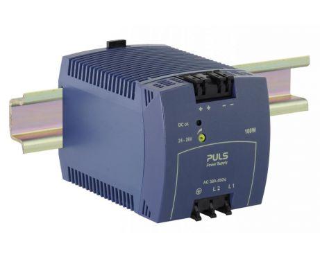 Puls ML100.200 PULS ML100.200 is a power supply unit designed for AC/DC conversion with DIN rail mounting capabilities. It operates within an ambient air temperature range of -10 to +70°C and offers a rated current of 4.2A at 24Vdc, with a derating of 2.5W from +60°C to +70°C. The unit features spring-clamp connections for secure installation and supports a wide supply voltage range of 323Vac to 576Vac, accommodating various nominal voltages such as 380Vac, 400Vac, 415Vac, 440Vac, 480Vac, 500Vac, and 525Vac across a frequency range of 47-63Hz, suitable for 2-phase input networks. With dimensions of W72.5mm x H75mm x D103mm and constructed from a PC/ABS blend housing, the ML100.200 has a net width of 72.5 mm. It delivers a rated power of 100W and an adjustable output voltage range of 24Vdc to 28Vdc. The unit is equipped with an NTC for input inrush current limitation, achieving efficiencies of 0.895 and 0.89 at 400Vac and 480Vac inputs, respectively. It has a maximum inrush current consumption of 36A at 2x400Vac input and 45A peak at 2x480Vac input, with power dissipation/losses of 11.7W and a ripple of 50mVpp across a frequency range of 20Hz to 20MHz at 50Ω.