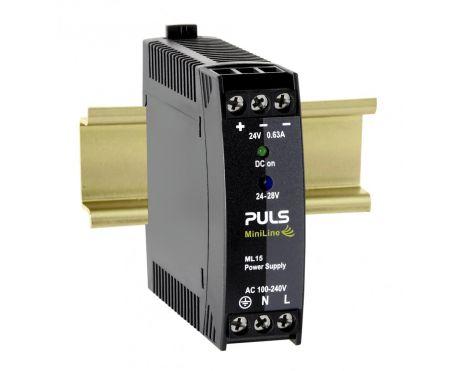 Puls ML15.241 PULS ML15.241 is a power supply unit that functions as an AC/DC PSU/converter with DIN rail mounting. It operates within an ambient air temperature range of -10 to +70°C and is designed to NEC Class 2 standards. This unit has a rated current of 0.63A at 24Vdc and features screw-clamp connections for secure installation. It supports a wide supply voltage range from 85Vac to 264Vac for AC (with specific nominal values across 100Vac to 240Vac at 47-63Hz, including a 59Vac turn-ON voltage and a 54Vac shutdown voltage) and from 88Vdc to 375Vdc for DC, accommodating various network requirements. The ML15.241 is housed in a PC/ABS blend, ensuring durability within its compact dimensions of W23mm x H75mm x D91mm. It is suitable for single-phase (1AC) or DC networks, with a net width of 23 mm. The unit's rated power is 15W, and it provides an adjustable output voltage range from 24Vdc to 28Vdc, with a minimal 100mV turn-ON overshoot. It incorporates protection functions including an NTC for input inrush current limiting. The efficiency rates are 0.851 at 230Vac input, 0.861 at 120Vac input, and 0.85 at 100Vac input. It has a maximum inrush current consumption of 13A at 120Vac input and 26A peak at 230Vac input, with a 700ms start-up delay and 20-24ms rise time at nominal input. Power dissipation/losses are calculated at 2.7 W, and it boasts an electrical durability of 196kh (min; at +40°C) or 196,000 hours. The ripple is maintained at 50mVpp across 20Hz to 20MHz at 50Ω, and the output stage capacitance is 900 µF.