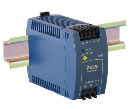 Puls ML30.100 PULS ML30.100 is a power supply unit designed for AC/DC conversion with a primary function to supply power. It supports DIN rail mounting for easy installation and operates within an ambient air temperature range of -10 to +70°C. This unit is designed according to NEC Class 2 standards, offering a rated current of 1.3A at 24Vdc, and utilizes spring-clamp connections for secure attachment. It accepts a wide range of supply voltages from 85Vac to 264Vac (covering standard voltages like 100Vac, 110Vac, 120Vac, 200Vac, 208Vac, 220Vac, 230Vac, and 240Vac at 47-63Hz, with a turn-ON voltage of 46Vac and a shutdown voltage of 44Vac) and also operates on DC supply voltages from 88Vdc to 375Vdc. The ML30.100 is housed in a PC/ABS blend, ensuring durability, and measures 45mm in width, 75mm in height, and 91mm in depth. It is compatible with single-phase (1AC) or DC networks, has a rated power of 30W, and provides an adjustable output voltage range of 24Vdc to 28Vdc with a 250mV turn-ON overshoot. The unit features protection functions including an NTC for input inrush current limiting, achieves an efficiency of 0.875 at 230Vac input, and has a maximum inrush current consumption of 17A at 120Vac input and 35A peak at 230Vac input. Power dissipation/losses are rated at 4.3W, and it maintains a ripple of 50mVpp across a frequency range of 20Hz to 20MHz at 50Ω.