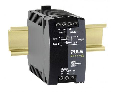 Puls MLY10.241 PULS MLY10.241 is a redundancy unit featuring dual-input redundancy module technology with 2 inputs and 1 output, designed for DIN rail mounting. It operates within an ambient air temperature range of -40 to +70°C using diode technology. The unit has a rated current of 10A at 48Vdc, with a derating to 0.25A between +60°C and +70°C. It offers screw-clamp connections for secure installation and measures W45mm x H75mm x D91mm. The supply voltage range is 9Vdc to 60Vdc, accommodating 12Vdc, 24Vdc, and 48Vdc systems, with an output voltage range of 12-48Vdc. It includes short-circuit protection with a 16A threshold at 6V, power dissipation/losses at nominal load are 4W, and it boasts an electrical durability of 218,000 hours at +40°C. Ripple is specified at 800mVpp across a frequency range of 20Hz to 20MHz at 50Ω.