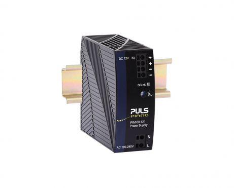 Puls PIM60.121 PULS PIM60.121 is a power supply unit that functions as an AC/DC PSU/converter with DIN rail mounting. It operates within an ambient air temperature range of -10 to +60°C, with linear derating up to +70°C, and features a NEC Class 2 DC-OK relay contact output. The unit provides a rated current of 2.5A at 24Vdc within -10 to +60°C and 1.9A at 24Vdc at +70°C, utilizing screw-clamp connections. It supports a supply voltage range of 90Vac-264Vac across various nominal voltages and frequencies, with specific input overvoltage and turn-on/shutdown voltages detailed. The PIM-series part measures W36mm x H90mm x D91mm, has an IP20 protection degree, and is housed in polycarbonate. Designed for single-phase networks, it offers a rated power of 60W at -10 to +60°C and 45.6W at +70°C, with an adjustable output voltage of 24Vdc-28Vdc. Protection functions include output overvoltage and overload/short-circuit protection, with specified current limits and conditions for back-feeding loads. The unit's efficiency rates are 0.918 and 0.907 for 230Vac and 120Vac inputs, respectively, with detailed current consumption, inrush peaks, time delay, hold time, power dissipation/losses, electrical durability, ripple, and capacitance specifications.