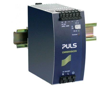 Puls QS10.241-D1 PULS QS10.241-D1 is a power supply unit designed for DIN rail mounting, featuring AC/DC conversion with a 50% power reserve. It operates within an ambient air temperature range of -25 to +70°C and includes an extended DC input for the same power reserve, along with a DC-OK relay contact output. The unit provides a rated current of 10A at 24Vdc and 9A at 28Vdc, utilizing spring-clamp connections for secure attachment. It supports a wide supply voltage range from 85Vac to 264Vac across various nominal values and from 88Vdc to 188Vdc, ensuring flexibility across different power networks. The QS10.241-D1, part of the Q-series, measures 60mm in width, 124mm in height, and 117mm in depth, housed in an aluminium casing for durability. It is compatible with single-phase (1AC) or DC networks, offering a rated power of 240W at 24V, 252W at 28V, and a short-term capacity of 360W for up to 4 seconds. The output voltage is adjustable between 24Vdc and 28Vdc, with comprehensive protection functions against overvoltage, overload, and short-circuit conditions. Efficiency rates vary with input voltage, achieving up to 0.935 at 230Vac. The unit exhibits a start-up delay between 340-800ms, with a hold time of 28ms at 230Vac input, and demonstrates electrical durability up to 200,000 hours at 25°C with a 10A output and 1AC 230Vac input. Output ripple is maintained at 50mVpp, with an output stage capacitance of 7000µF.