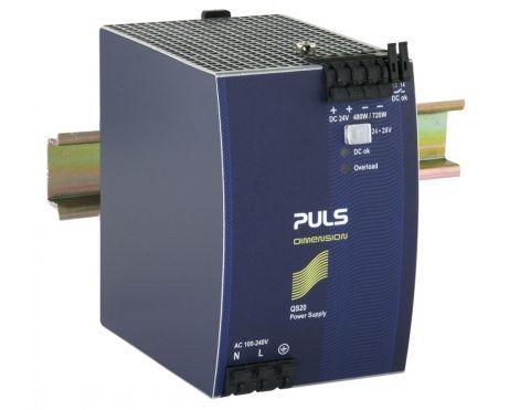 Puls QS20.241-C1 PULS QS20.241-C1 is a power supply unit designed for AC/DC conversion with a 50% power reserve, suitable for DIN rail mounting. It operates within an ambient air temperature range of -25 to +70°C and features a conformal coating for enhanced durability in harsh environments. The unit provides a rated current of 20A at 24Vdc and 17A at 28Vdc, with spring-clamp connections for secure attachment. It supports a supply voltage range of 85Vac-264Vac across various nominal values and 88Vdc-188Vdc for DC input, with specific turn-on and shutdown voltages detailed for both AC and DC inputs. The QS20.241-C1, part of the Q-series, measures 82mm in width, 124mm in height, and 127mm in depth, housed in an aluminium casing. It is designed for use in single-phase or DC networks, offering a rated power of 480W and a short-term power of 720W for up to 4 seconds. The output voltage is adjustable between 24Vdc and 28Vdc, with comprehensive protection functions including overvoltage and overload/short-circuit protection. The unit allows for series or parallel operation to increase output power, with specific conditions for back-feeding loads. Efficiency rates vary with input voltage, and the product features detailed specifications for current consumption, time delay, hold time, power dissipation/losses, electrical durability, ripple, and output stage capacitance.