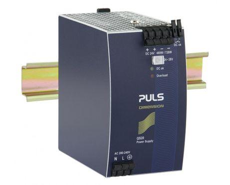 Puls QS20.244 PULS QS20.244 is a power supply unit designed for DIN rail mounting, featuring AC/DC conversion with a 50% power reserve. It operates within an ambient air temperature range of -25 to +70°C and offers a design that includes a DC-OK relay contact output. The unit provides a rated current of 20A at 24Vdc and 17A at 28Vdc, with spring-clamp connections for secure and efficient connectivity. It supports a supply voltage range of 180Vac to 264Vac, with specific nominal values including 200Vac, 208Vac, 220Vac, 230Vac, and 240Vac at a frequency of 47-63Hz. The QS20.244, part of the Q-series, measures 70mm in width, 124mm in height, and 127mm in depth, housed in an aluminium casing. It is designed for single-phase networks and offers a rated power of 480W, with a short-term capacity of 720W for up to 4 seconds. The output voltage is adjustable between 24Vdc and 28Vdc, featuring protection functions against overvoltage, overload, and short-circuit conditions. It allows for series or parallel operation to increase output power, with a notable efficiency of 0.945 at 230Vac input. The unit's current consumption peaks at 52A max during inrush at 230Vac, with a start-up delay of 140ms, and offers a hold time of 46ms at 230Vac input. Power dissipation is calculated at 28.3W under full output load at 230Vac input. Its electrical durability spans up to 307,000 hours at 40°C with a 10A output. The QS20.244 also features a ripple of 100mVpp across a 20Hz to 20MHz range and an output stage capacitance of 8500µF.