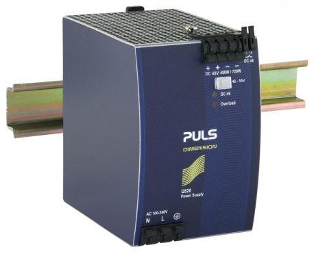 Puls QS20.481 PULS QS20.481 is a power supply unit designed for AC/DC conversion with a 50% power reserve. It features DIN rail mounting and operates within an ambient air temperature range of -25 to +70°C. The unit is equipped with a DC-OK relay contact output and offers a rated current of 10A at 48Vdc and 8.7A at 55Vdc, with a power derating from 12W at +60°C to +70°C. Connection is facilitated through spring-clamp connections. The supply voltage ranges from 85Vac to 264Vac for AC input and 88Vdc to 188Vdc for DC input, supporting various nominal voltages and featuring specific turn-on and shutdown voltages. Housed in an aluminium casing, it is suitable for single-phase (1AC) or DC networks, with dimensions of W82mm x H124mm x D127mm. The rated power is 480W, with a short-term capacity of 720W for up to 4 seconds. Output voltage is adjustable between 48Vdc and 55Vdc. Protection functions include output overvoltage protection and overload/short-circuit protection, with capabilities for series or parallel operation for increased output power. Efficiency rates vary with input voltage, and the unit exhibits specific current consumption, time delay, hold time, power dissipation/losses, and electrical durability metrics. Ripple is maintained at 100mVpp, and the output stage capacitance is 3100 µF.