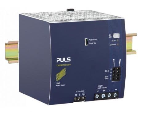 Puls QS40.241 PULS QS40.241 is a power supply unit designed for DIN rail mounting, featuring AC/DC conversion with a 50% power reserve. It operates within an ambient air temperature range of -25 to +70°C and has ATEX approval. The unit provides a rated current of 40A at 24Vdc and 34.3A at 28Vdc, with screw-clamp connections for installation. It supports a supply voltage range of 85Vac-264Vac across various nominal voltages and frequencies, with specific turn-ON and shutdown voltages. Part of the Q-series, it measures 125mm in width, 124mm in height, and 127mm in depth, housed in aluminium. Designed for single-phase networks, it offers a rated power of 960W, extendable to 1440W for short-term applications, and an adjustable output voltage between 24Vdc and 28Vdc. The unit includes protection against overvoltage, with active input inrush current limitation and overload/short-circuit protection. It allows for series or parallel operation for increased output power, with specific conditions for back-feeding loads. The efficiency rates vary with input voltage, and it features specific current consumption, time delay, and hold time values. Power dissipation/losses are detailed alongside electrical durability metrics under various conditions. The output ripple is specified at 100mVpp, with an output stage capacitance of 10200µF.