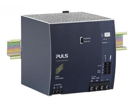 Puls QS40.244 PULS QS40.244 is a power supply unit designed for DIN rail mounting, featuring AC/DC conversion with a 50% power reserve. It operates within an ambient air temperature range of -25 to +70°C and offers a design that includes a DC-OK relay contact output. The unit provides a rated current of 40A at 24Vdc and 34.3A at 28Vdc, with screw-clamp connections for secure installation. It supports a supply voltage range of 180Vac to 264Vac across various nominal values and frequencies, with specific turn-ON and shutdown voltages. As part of the Q-series, it measures 125mm in width, 124mm in height, and 127mm in depth, housed in an aluminium casing. This single-phase unit delivers a rated power of 960W, with a short-term capacity of 1440W for up to 4 seconds, and an adjustable output voltage between 24Vdc and 28Vdc. It features comprehensive protection functions, including output overvoltage protection and overload/short-circuit current management, and is capable of series or parallel operation for increased output power. The QS40.244 maintains efficiency at 0.946 with a 230Vac input and incorporates a time delay for start-up and rise, alongside a hold time of 30ms at 230Vac input. Power dissipation is noted at 54.8W under full output load with a 230Vac input. Its electrical durability spans up to 311,000 hours at 25°C with a 20A output, and it exhibits a ripple of 100mVpp across a 20Hz to 20MHz range with a 50Ω load. The output stage capacitance is 10200µF, ensuring stable performance across its operational lifespan.