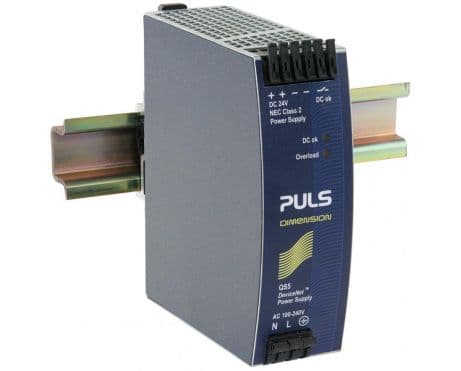 Puls QS5.DNET PULS QS5.DNET is a power supply unit designed for AC/DC conversion with DIN rail mounting. It operates within an ambient air temperature range of -25 to +70°C and is a NEC Class 2 DeviceNet approved unit featuring a DC-OK relay contact output. The unit provides a rated current of 3.8A at 24Vdc and utilizes spring-clamp connections for connectivity. It supports a wide supply voltage range from 85Vac to 264Vac across various nominal values and from 88Vdc to 360Vdc, with specific turn-on and shutdown voltages detailed for both AC and DC inputs. The QS5.DNET, part of the Q-series, measures 40mm in width, 124mm in height, and 117mm in depth, housed in an aluminium casing. It is compatible with single-phase (1AC) or DC networks, offering a rated power of 91.2W and a fixed output voltage of 24Vdc. Protection features include output overvoltage protection and mechanisms for handling overload, short-circuit conditions, and back-feeding loads. The unit boasts high efficiency rates varying with input voltage, specific current consumption peaks, and detailed time delays for start-up and rise times, alongside hold times for buffer periods. Power dissipation losses are provided for different input conditions, and the electrical durability is specified under various operational conditions. The output stage capacitance is 3500µF, and the ripple is maintained at 50mVpp across a wide frequency range.